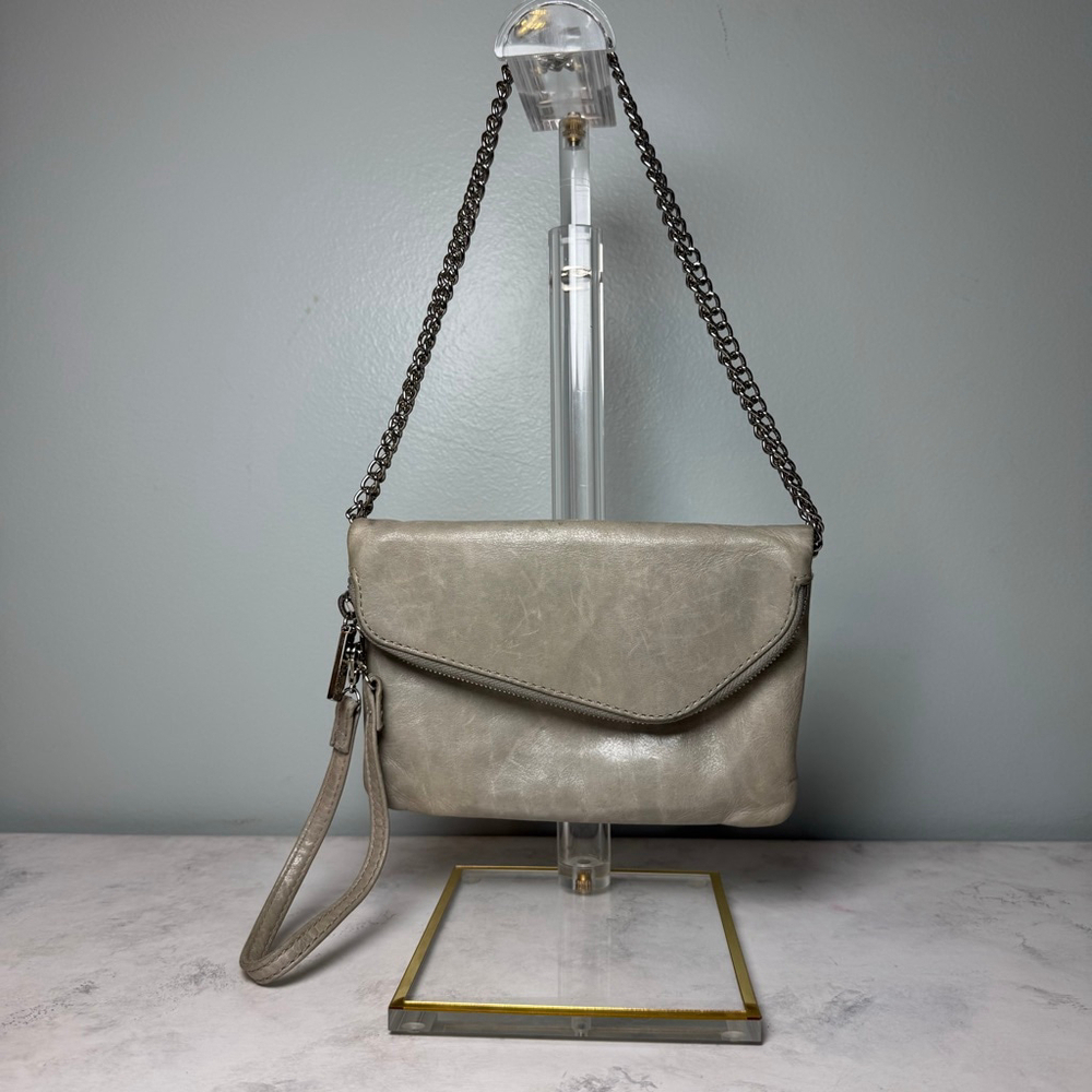 Women's Hobo Daria Leather Shoulder Bag Clutch Small Taupe Silver